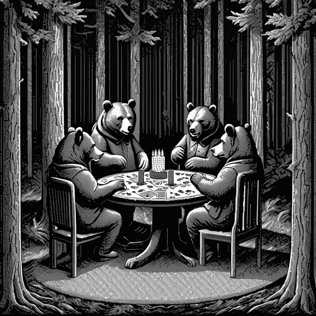 03037-2659010228-_lora_Macpaint-XL-000015_1_, Macpaint, bears sitting around a table playing cards in a dark forest at night, highly detailed, pi.png